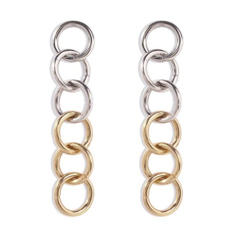 Silver/Gold Two-Tone Thick Chain Link Dangle Post Earrings
